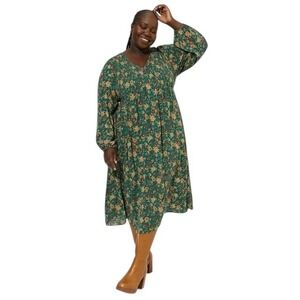 Torrid Plus Size 3X Midi Dress Guaze Smocked Long Sleeve Green Floral‎ 423